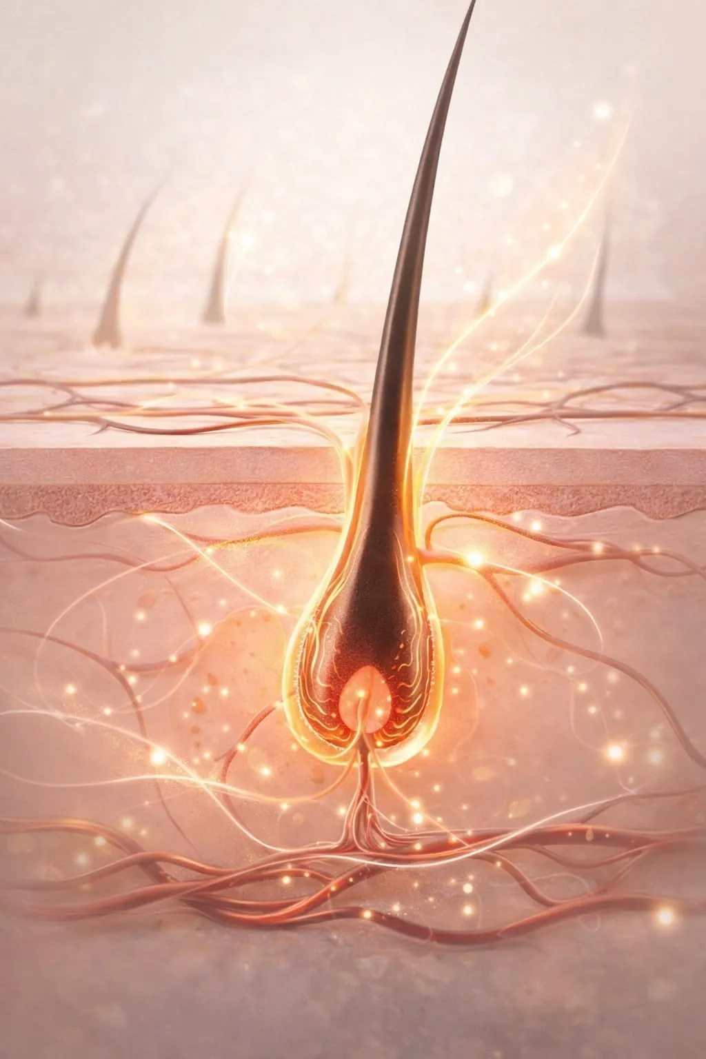 Illustration of a hair follicle nourished beneath the scalp